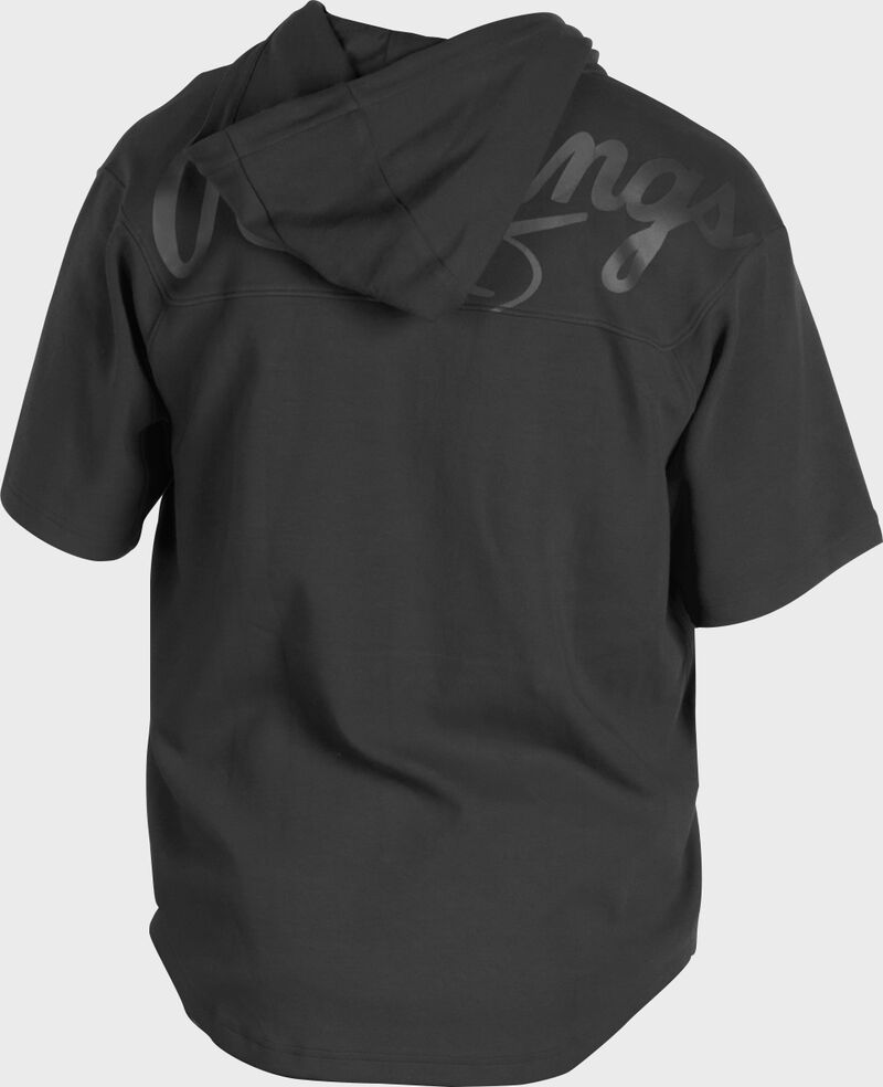 Back of a black Rawlings Gold Collection short sleeve hoodie with a black script Rawlings logo across the back - SKU: GJJ-B loading=