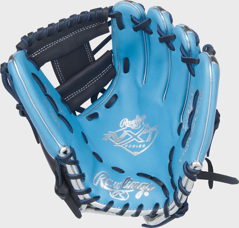 Columbia blue palm of a Rawlings NXT Series 11.25-Inch Infield Glove with silver stamping and navy laces