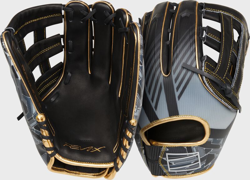 Two images showing the palm & back of a black 12.75" REV1X H-web outfield glove