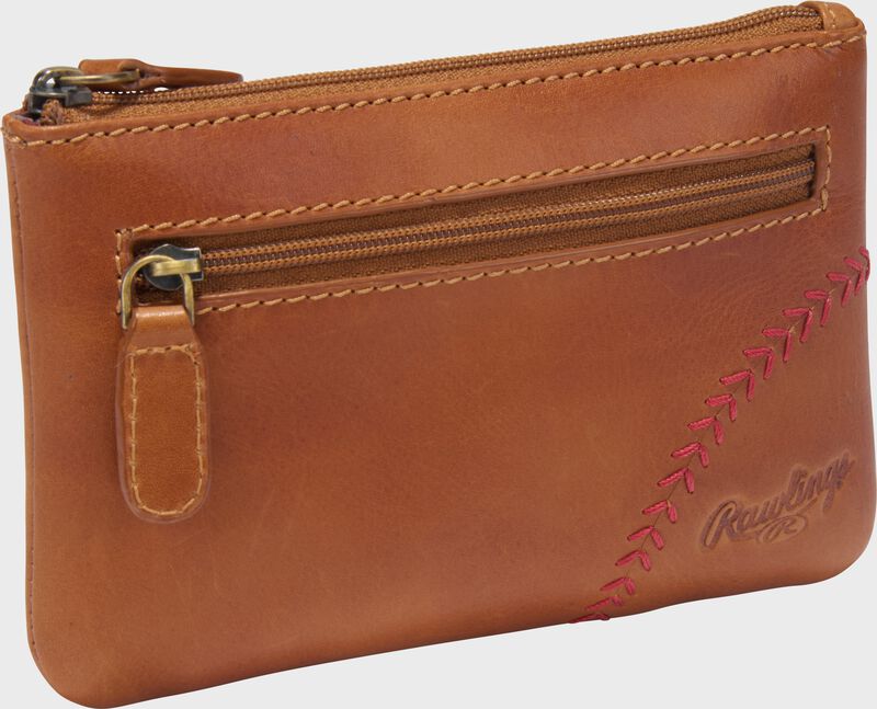 Side angle view of a tan Rawlings Double Play Coin Purse