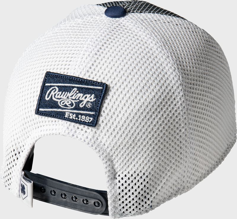 White snapback back of a Black Clover Turn Two cap with a blue Rawlings patch - SKU: BCR3TT0081