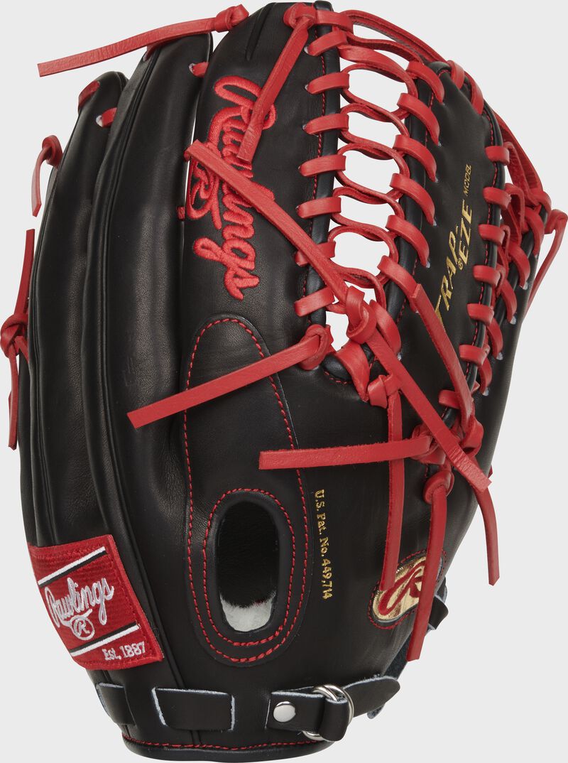 Back of a black Harrison Bader Pro Preferred Trap-Eze web outfield glove - SKU: RSGPROS601HB loading=