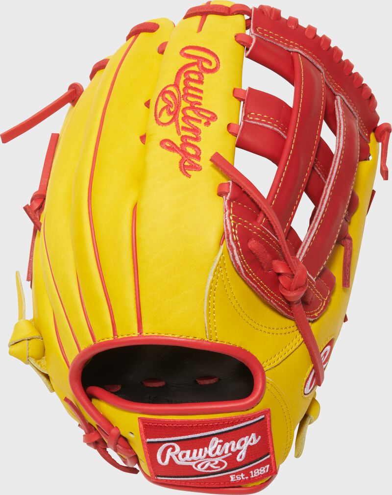 Back of a Ronald Acuna Jr. Heart of the Hide glove with a red Rawlings patch
