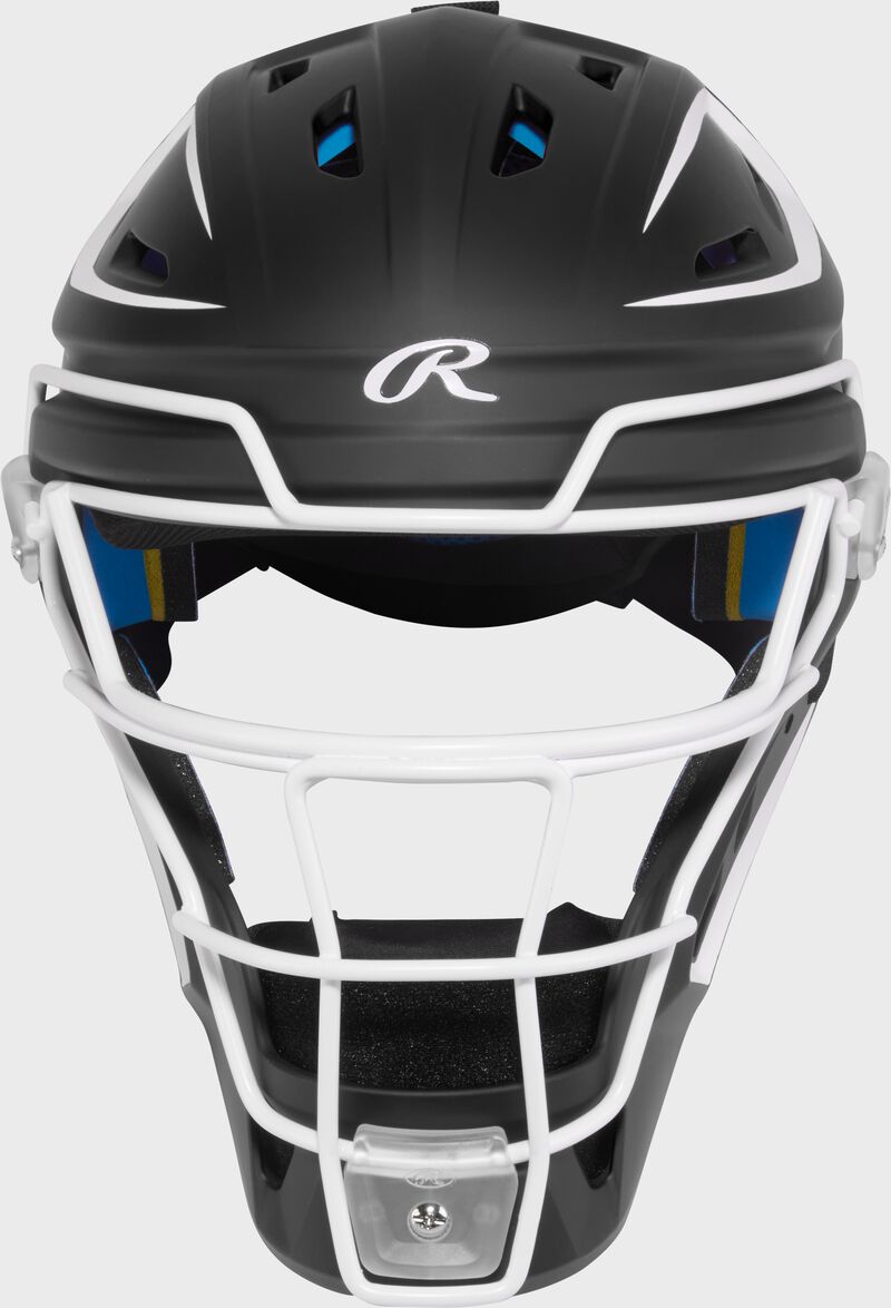 Front of a black Rawlings Mach Pro Series catcher's helmet