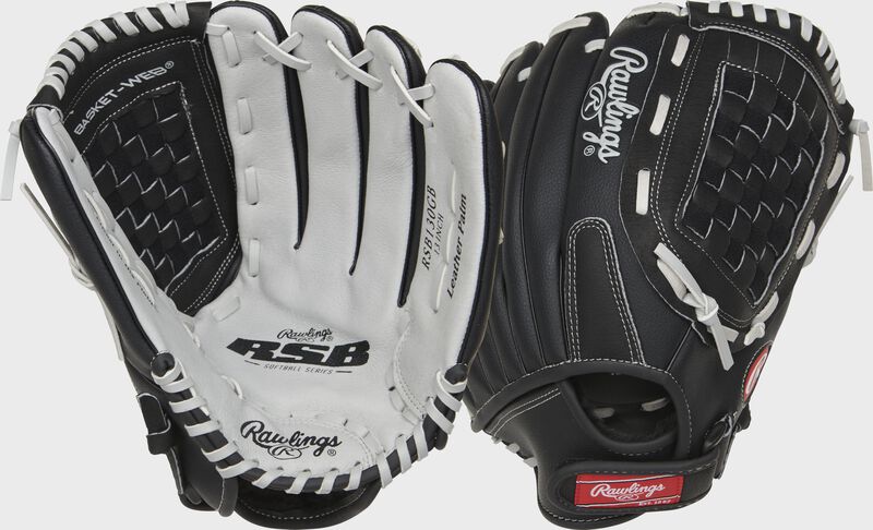 Two images showing the palm & back of a black/gray RSB 13" softball glove loading=