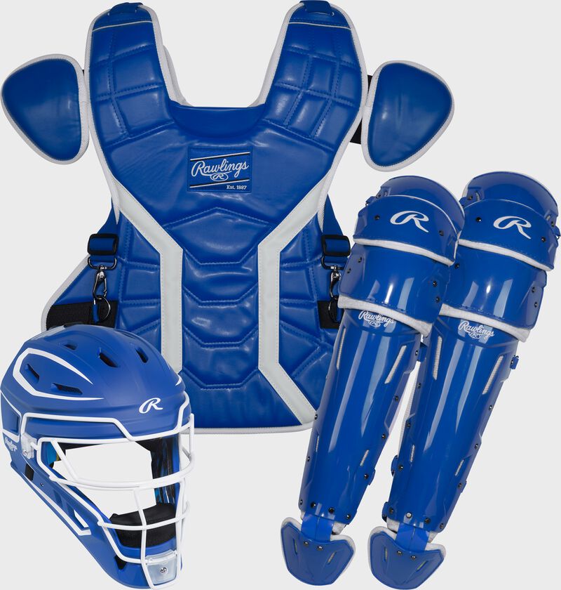 A royal Mach Pro Series Catcher's set with a helmet, chest protector, and leg guards loading=