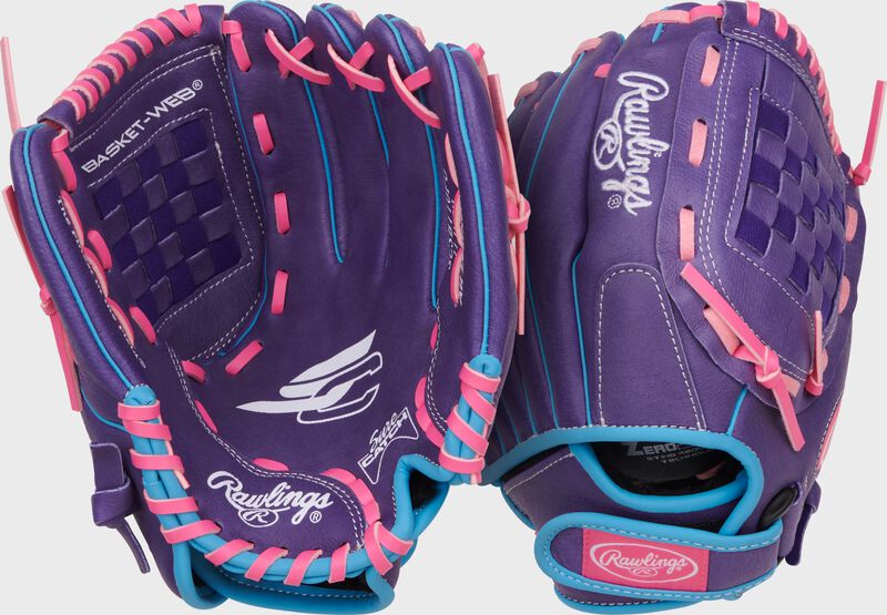 Two images showing the palm & back of a purple/Columbia blue/pink Sure Catch Softball 11-inch Youth Softball Glove loading=
