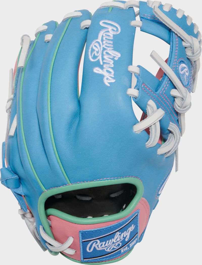 Columbia blue back of an Exclusive Rawlings NXT Series 11.5" Infield Glove with a columbia blue Rawlings patch loading=