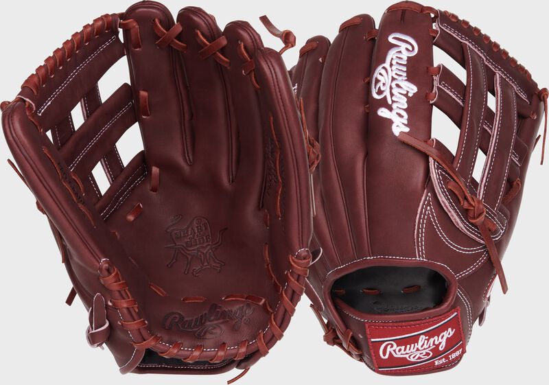 Two images showing the palm & back of a sherry Heart of the Hide 12.75" outfield glove