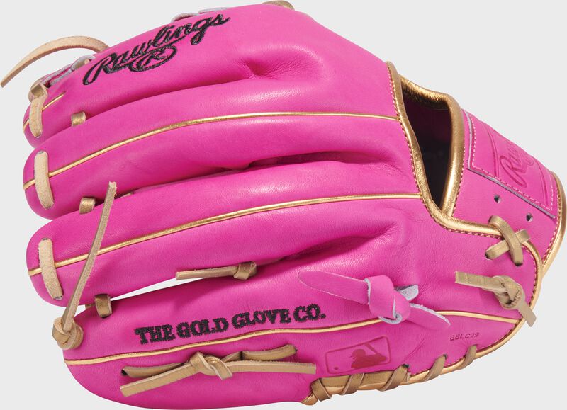 Back of a berry Heart of the Hide berry 11.5" infield glove with the MLB logo on the pinky