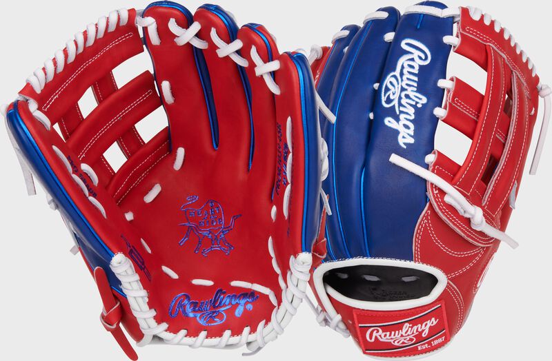 Two images showing the palm & back of a royal/scarlet Luis Robert Jr. Heart of the Hide Outfield Glove