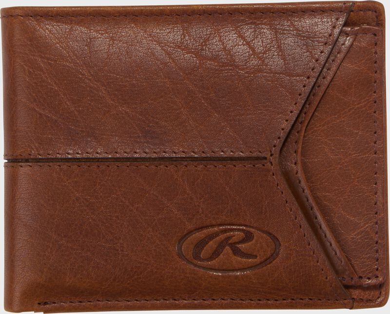 Main side of a tan Rawlings Home Run bi-fold wallet