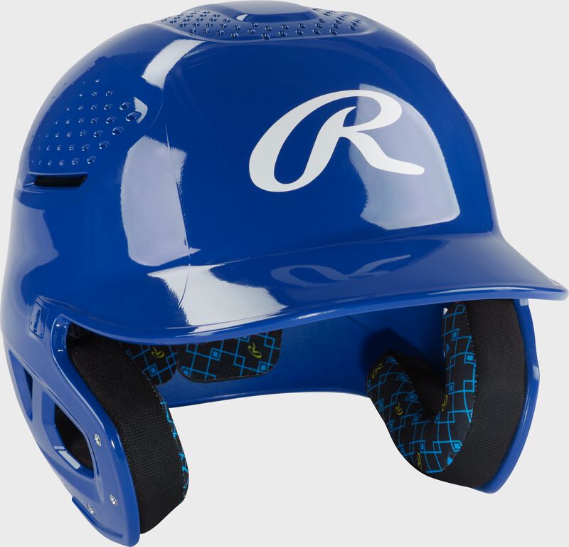 Front right of a royal Rawlings RX2 gloss baseball batting helmet
