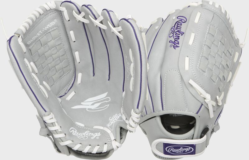 Two images showing the palm & back of a gray Sure Catch softball 12" youth glove loading=