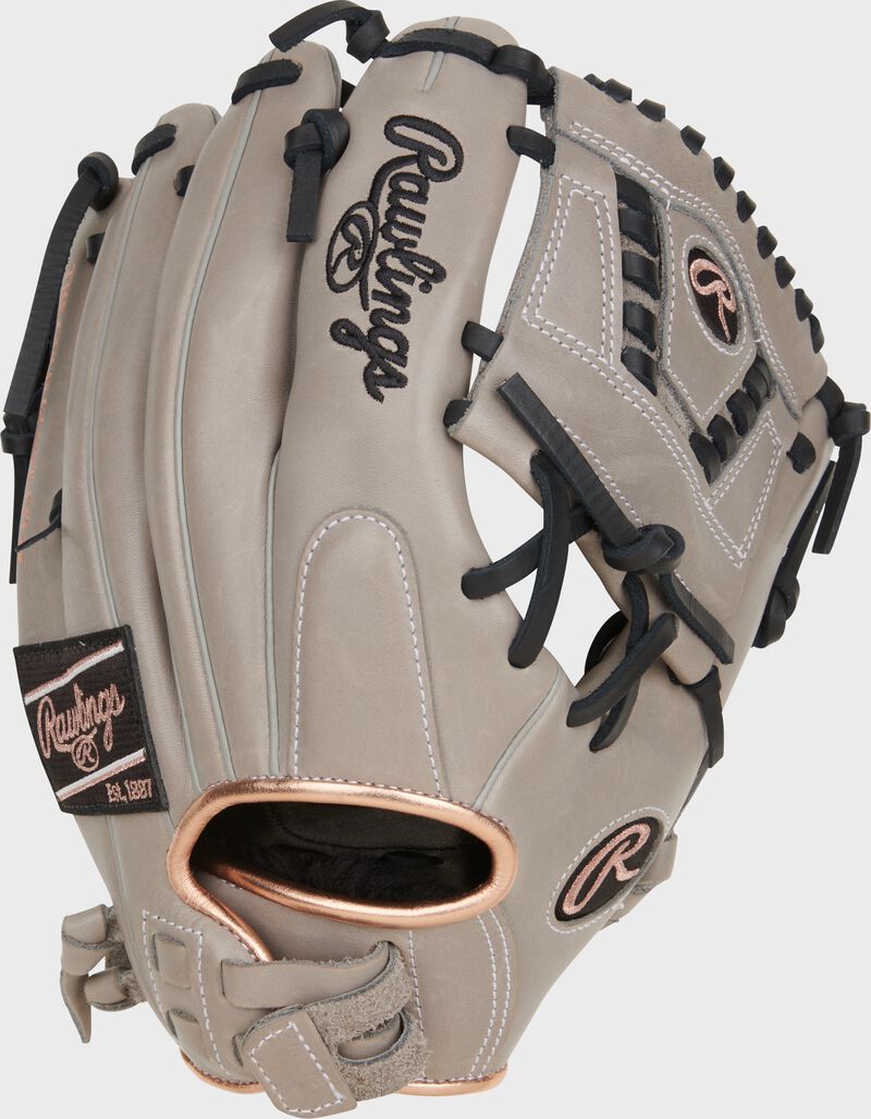 Gray back of an 11.5" R9 Series ContoUR Fit fastpitch glove with a pull strap back loading=