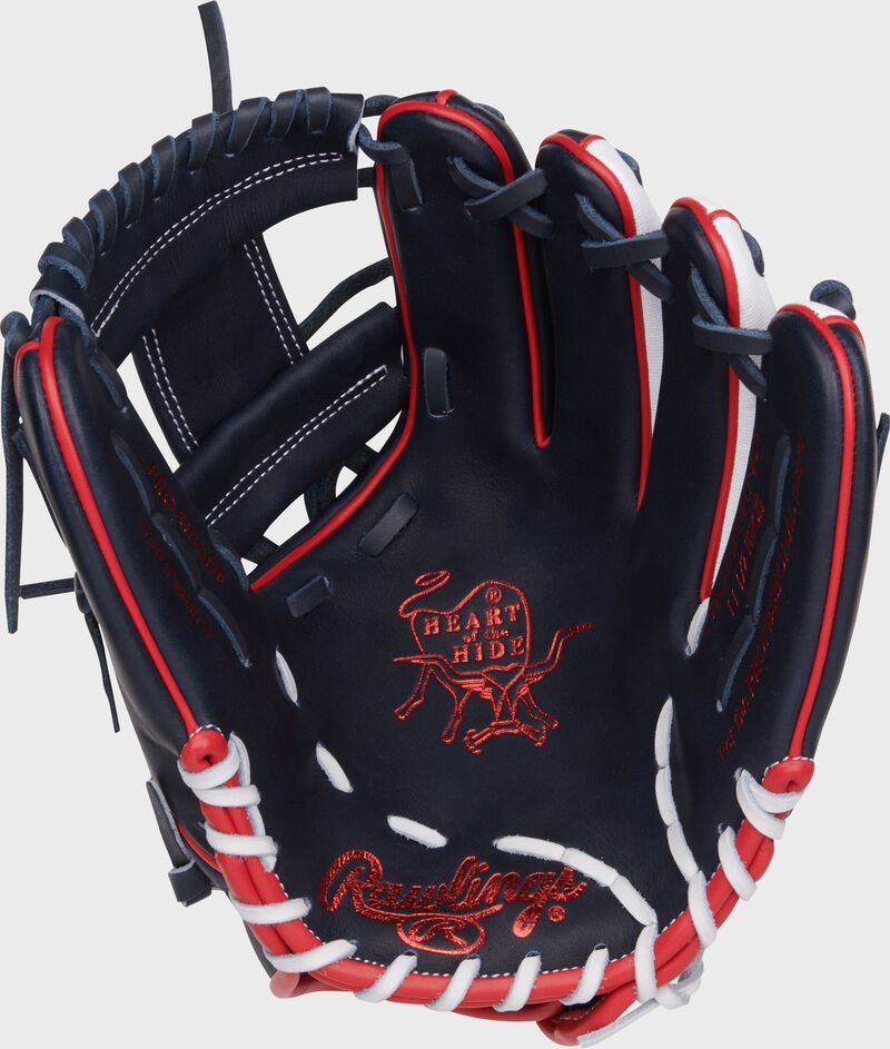 Navy palm of a Rawlings Heart of the Hide ContoUR Fit glove with red stamping and navy/white laces