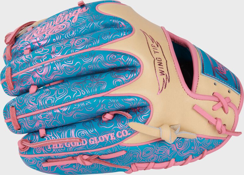 Teal/camel Wing Tip back of a Heart of the Hide Vibrant Series teal topo print infield glove