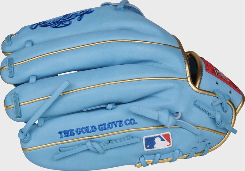 Back of a Columbia blue Rawlings Kris Bryant glove with the MLB logo on the pinky - SKU: RSGPROKB17-6CBG