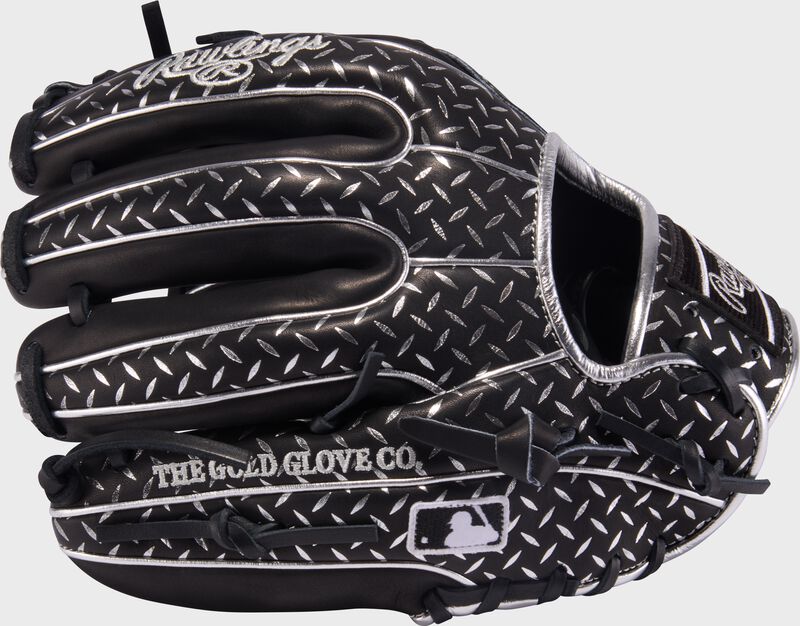 Black back of a Rawlings x Bettinardi Heart of the Hide 11.5-Inch Infield Glove with the MLB logo on the pinky