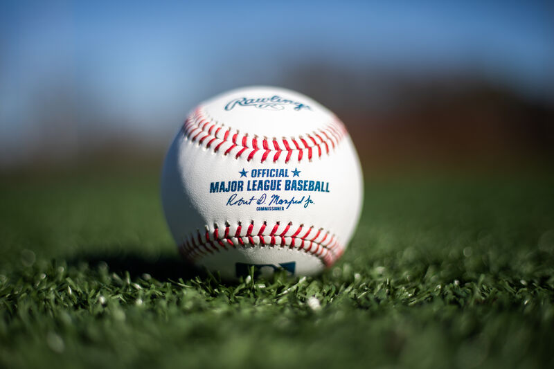 An Official MLB baseball lying in the grass on a field - SKU: ROMLB