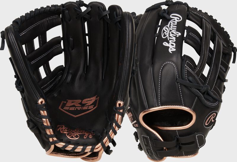 Two images showing the back & palm of a black R9 Series 13" fastpitch outfield glove loading=