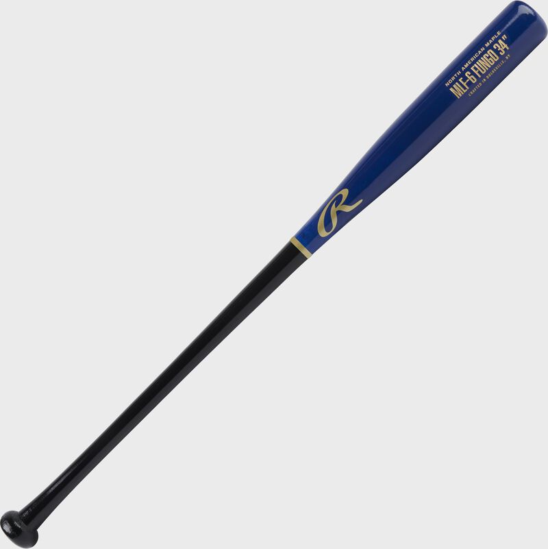 Angled view of a 34" Rawlings Maple fungo bat with a black handle and royal barrel - SKU: MLF5-B-R-3 loading=