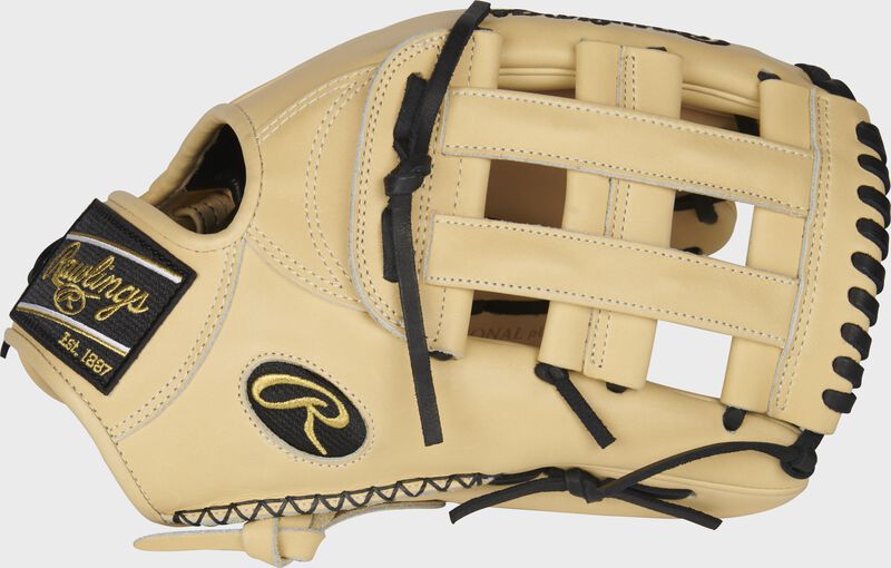 Thumb of a camel 2022 Pro Preferred 12.75-Inch Speed Shell outfield glove with a camel H-web - SKU: PROS3039-6CSS