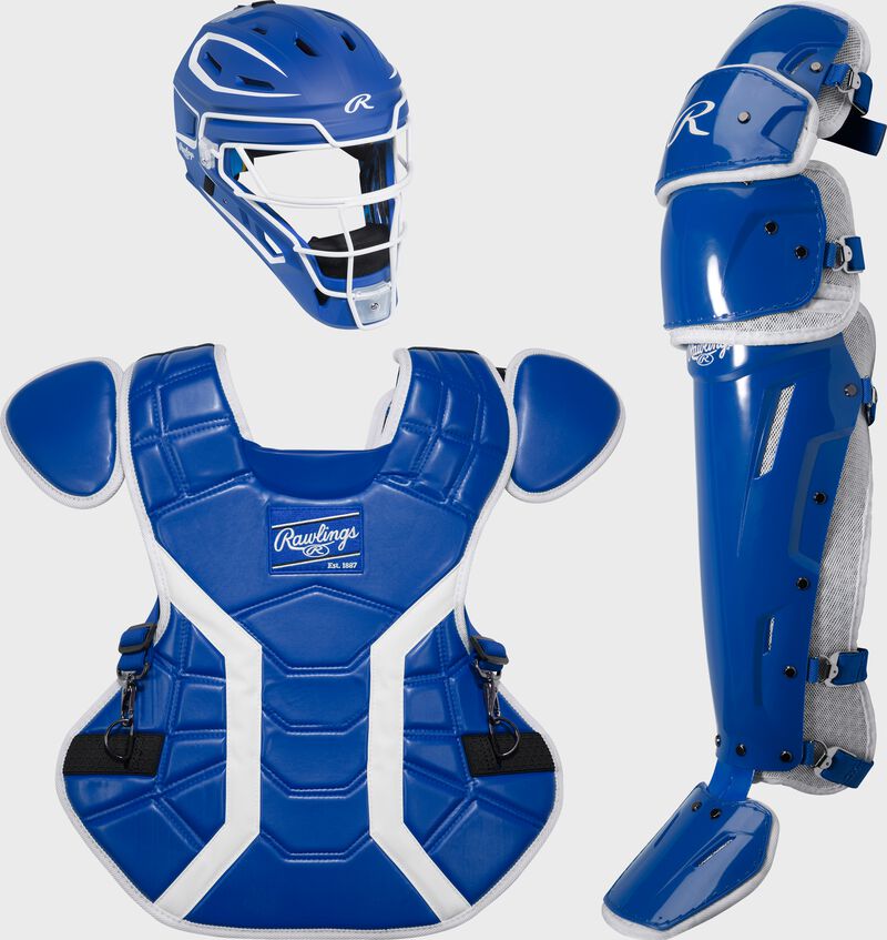 A royal Mach Pro Series Catcher's set with a helmet, chest protector, and leg guards