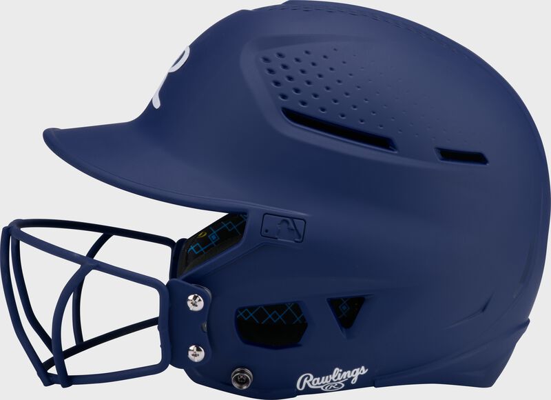 Left side of a navy Rawlings RX2 fastpitch batting helmet