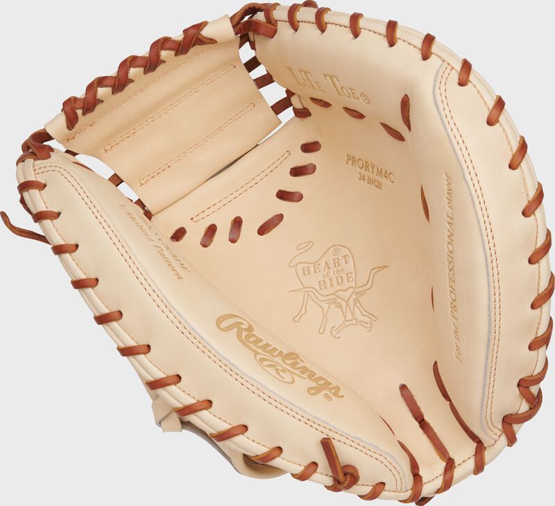 Camel palm of a Rawlings Heart of the Hide catcher's mitt with tan laces