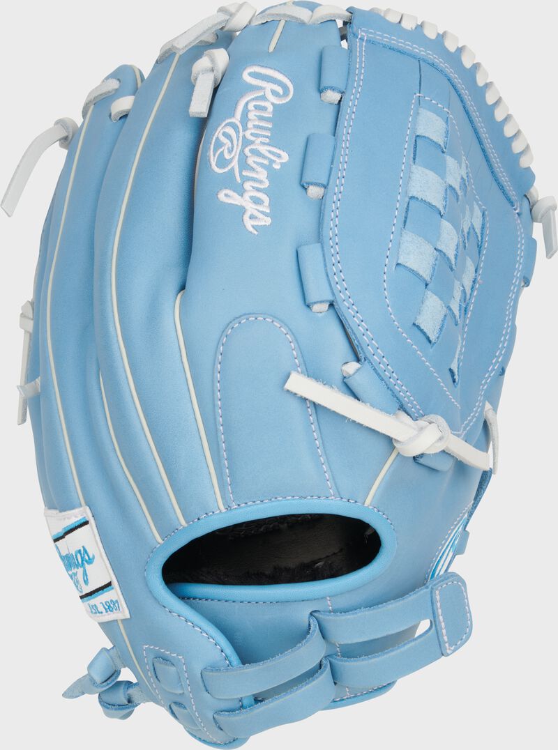 Back of a Columbia blue R9 Series 12.5" Basket web glove with a pull strap back loading=