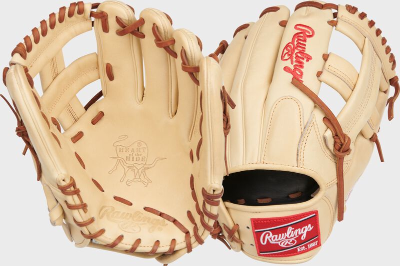 2 views showing the back & palm of a camel Rawlings Heart of the Hide Trea Turner infield glove - SKU: PRONP4-1TT