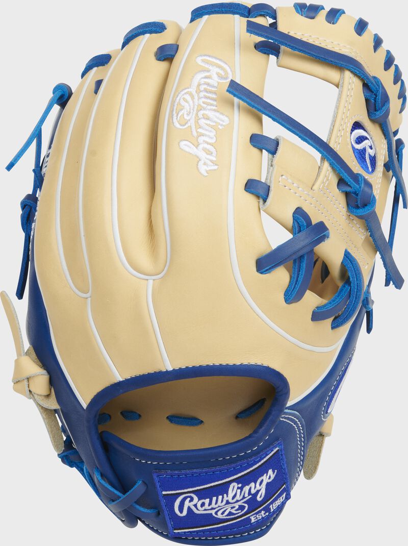 Shell back view of camel and blue 2021 Exclusive HOH R2G 11.5-inch infield ContoUR Fit glove