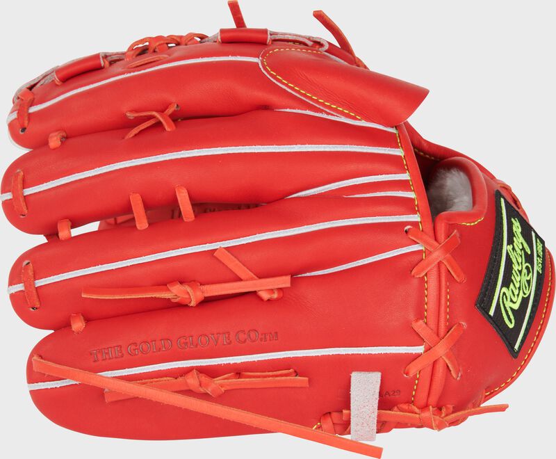 Back of a red orange Rawlings Heart of the Hide Japan Series 11.75" glove