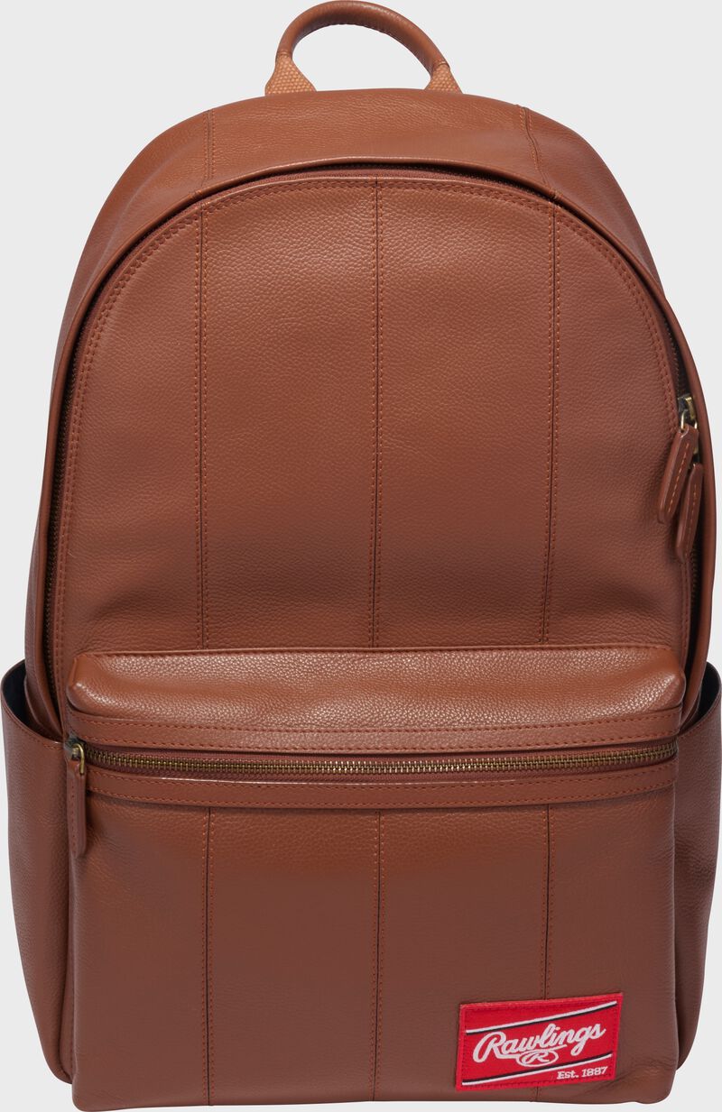 Front of a tan Rawlings Strike Out backpack loading=