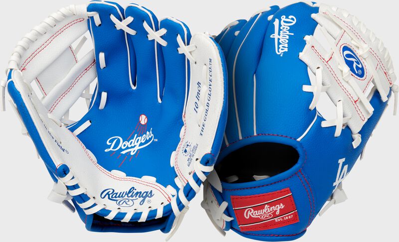 Two images showing the palm & back of a royal Los Angeles Dodgers team logo youth glove