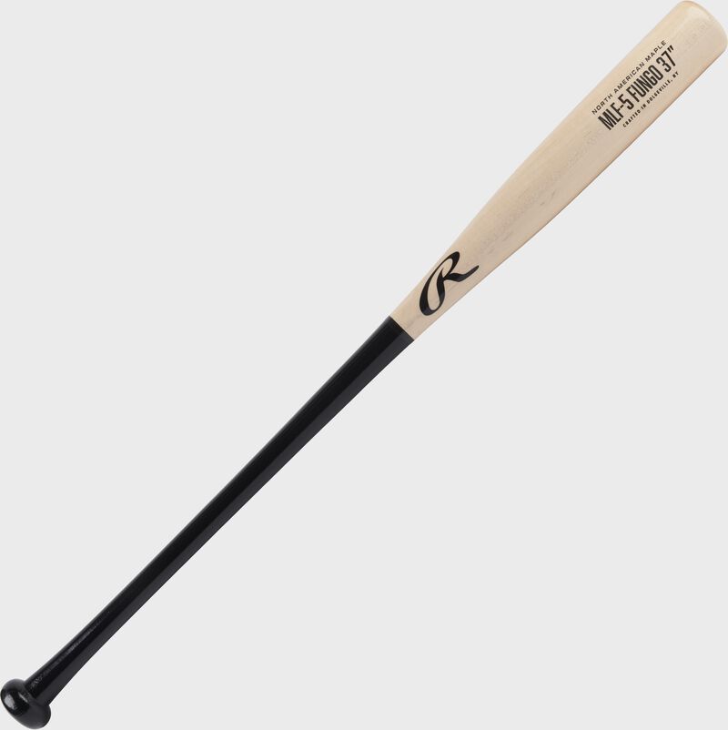 Angled view of a Black/Natural 37" Rawlings Maple fungo bat - SKU: MLF5-B-NA-37 loading=
