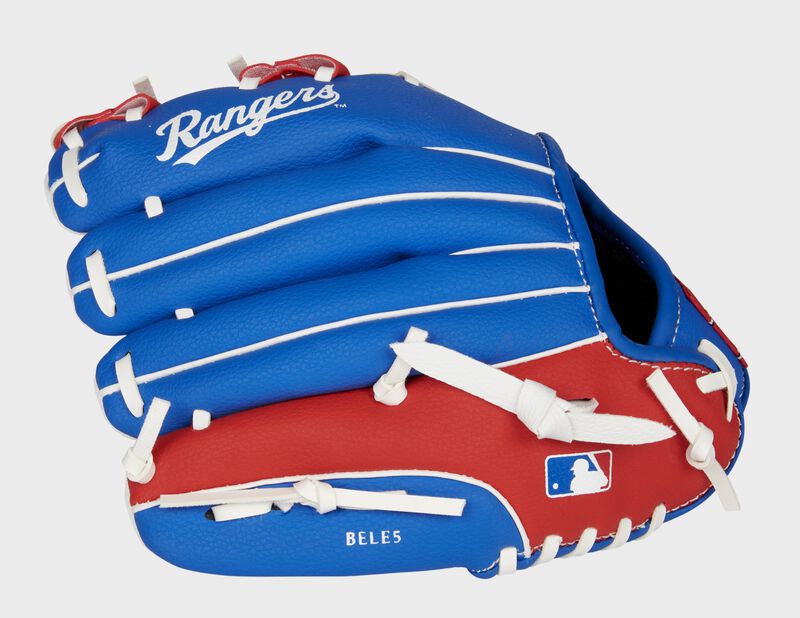 Back of a blue/red Texas Rangers 10-inch youth glove with the MLB logo on the pinky - SKU: 22000022111 loading=