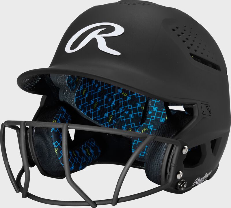 Front left of a black Rawlings RX2 fastpitch batting helmet