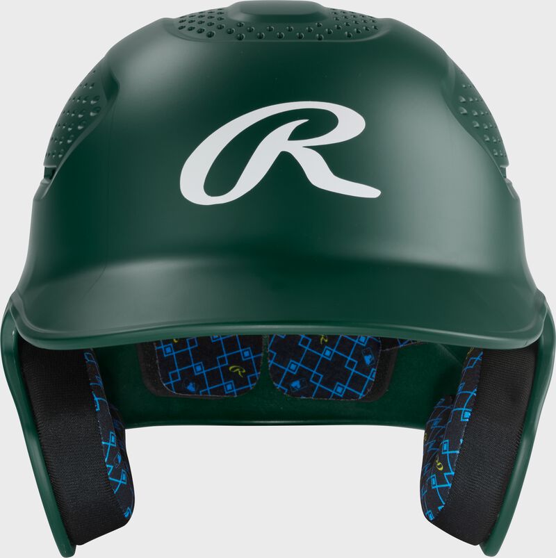 Front of a dark green Rawlings RX2 batting helmet