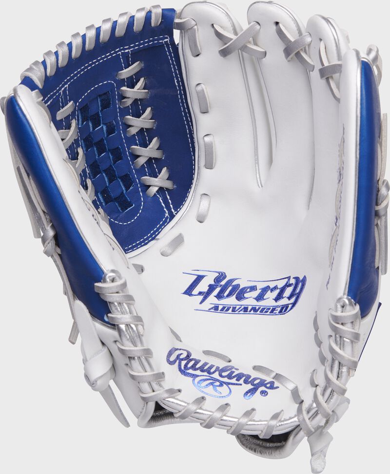 White palm of a Rawlings Liberty Advanced fastpitch glove with platinum laces and royal stamp - SKU: RLA125-18WRP loading=