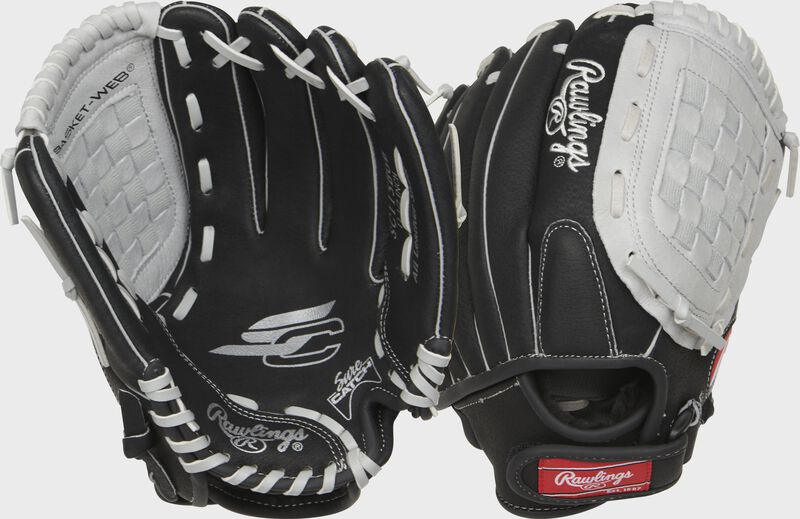 Two images showing the palm & back of a black Sure Catch 11.5" youth glove