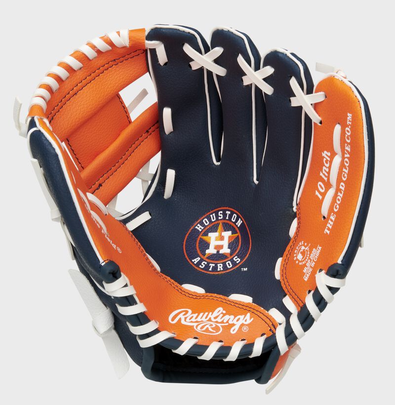 A navy/orange Rawlings Houston Astros youth glove with the Astros logo stamped in the palm - SKU: 22000002111 loading=