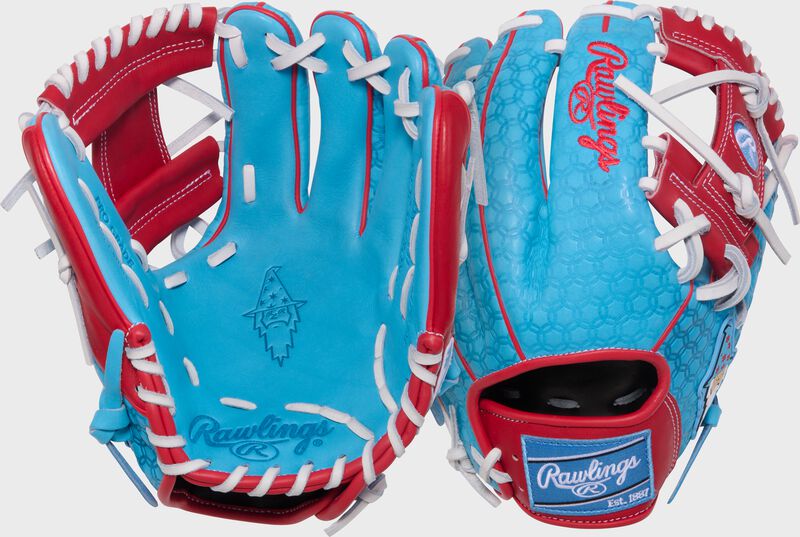 Two images showing the palm & back of a Columbia blue/scarlet Rawlings x Bettinardi Heart of the Hide 11.75" infield glove