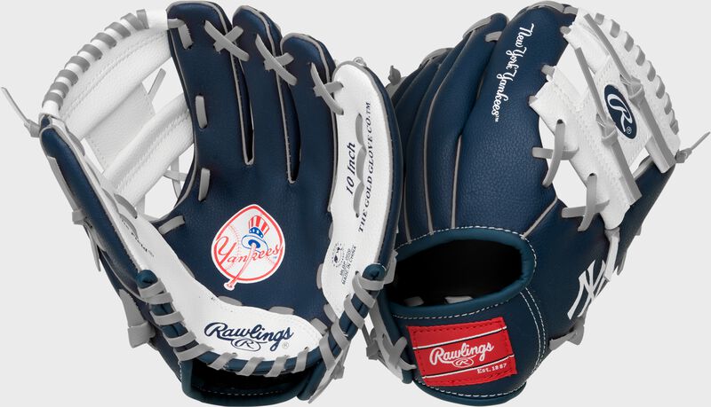 Two images showing the palm & back of a navy New York Yankees team logo youth glove