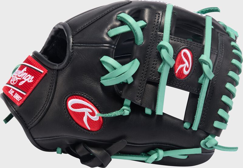 Black thumb of a Rawlings R9 ContoUR 11-Inch Infield Glove with a Pro I-web loading=