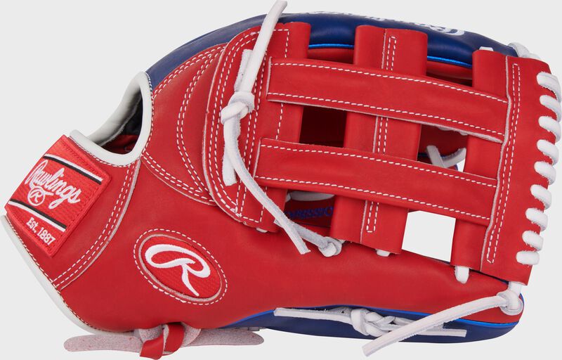 Thumb of a scarlet/royal Luis Robert Jr. Heart of the Hide Outfield Glove with a scarlet H-web