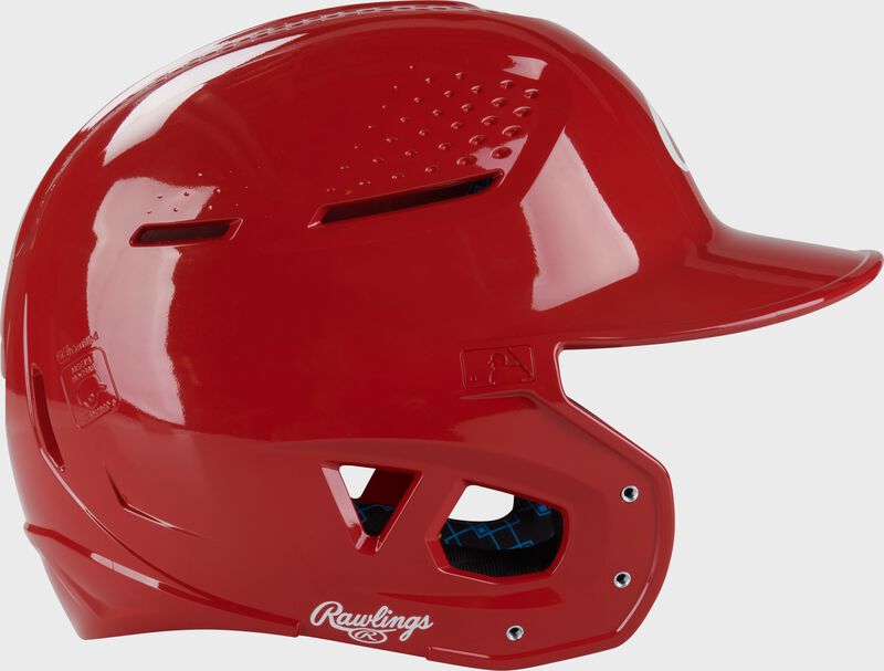 Right side of a scarlet Rawlings RX2 gloss baseball batting helmet loading=