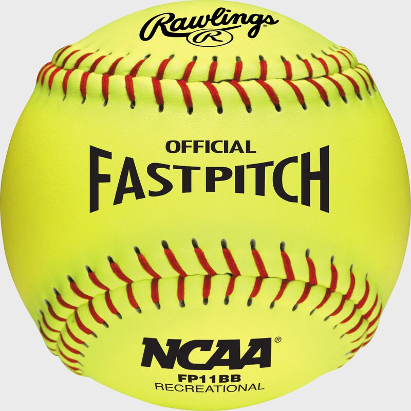 A yellow Rawlings 11-Inch NCAA recreational fastpitch softball loading=