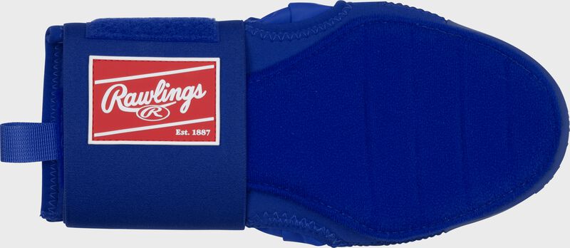 Palm of a royal Rawlings sliding mitt with a red Rawlings patch logo on the wrist cuff loading=